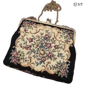 Vintage Petit Point Frame Purse Floral Midcentury Shoulder Strap West Germany